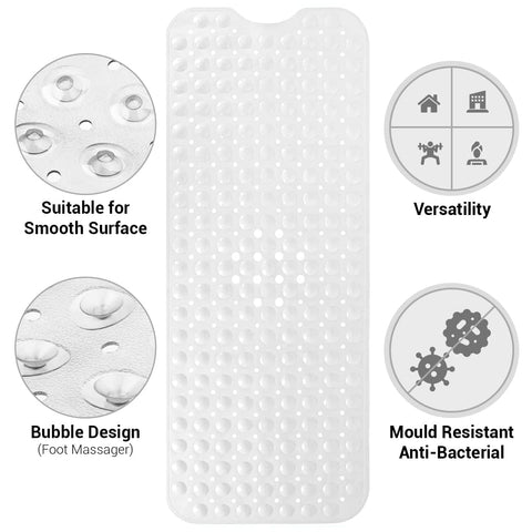 ADOV Bath Mat Non Slip, 70x38 cm Extra Long Shower Mat Anti Mould, Bathroom Bathtub Mats for Tub, Strong Suction Cups and Drain Holes