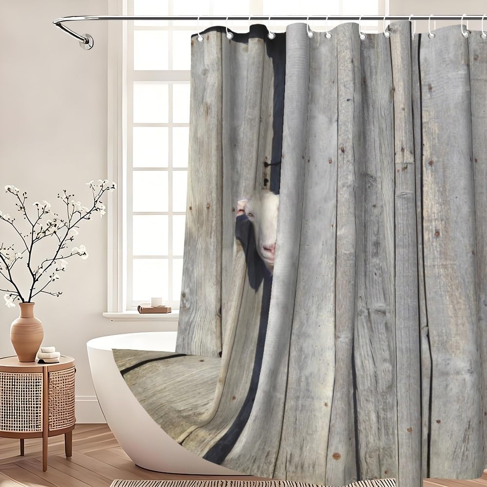 Xiaoterna Rustic Shower Curtain Farm Animal Bathroom Curtain Rustic Wooden Door Cute Sheep in Rustic Wooden Cottage Farmland Waterproof Mildew