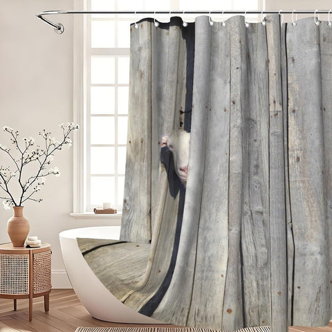 Xiaoterna Rustic Shower Curtain Farm Animal Bathroom Curtain Rustic Wooden Door Cute Sheep in Rustic Wooden Cottage Farmland Waterproof Mildew