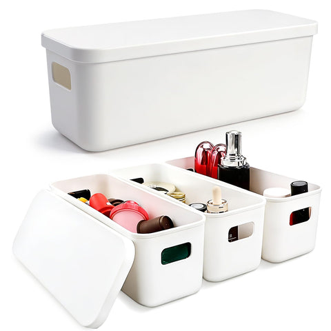 QUMENEY 4 Packs Narrow Plastic Storage Boxes with Lids White Shelf Baskets