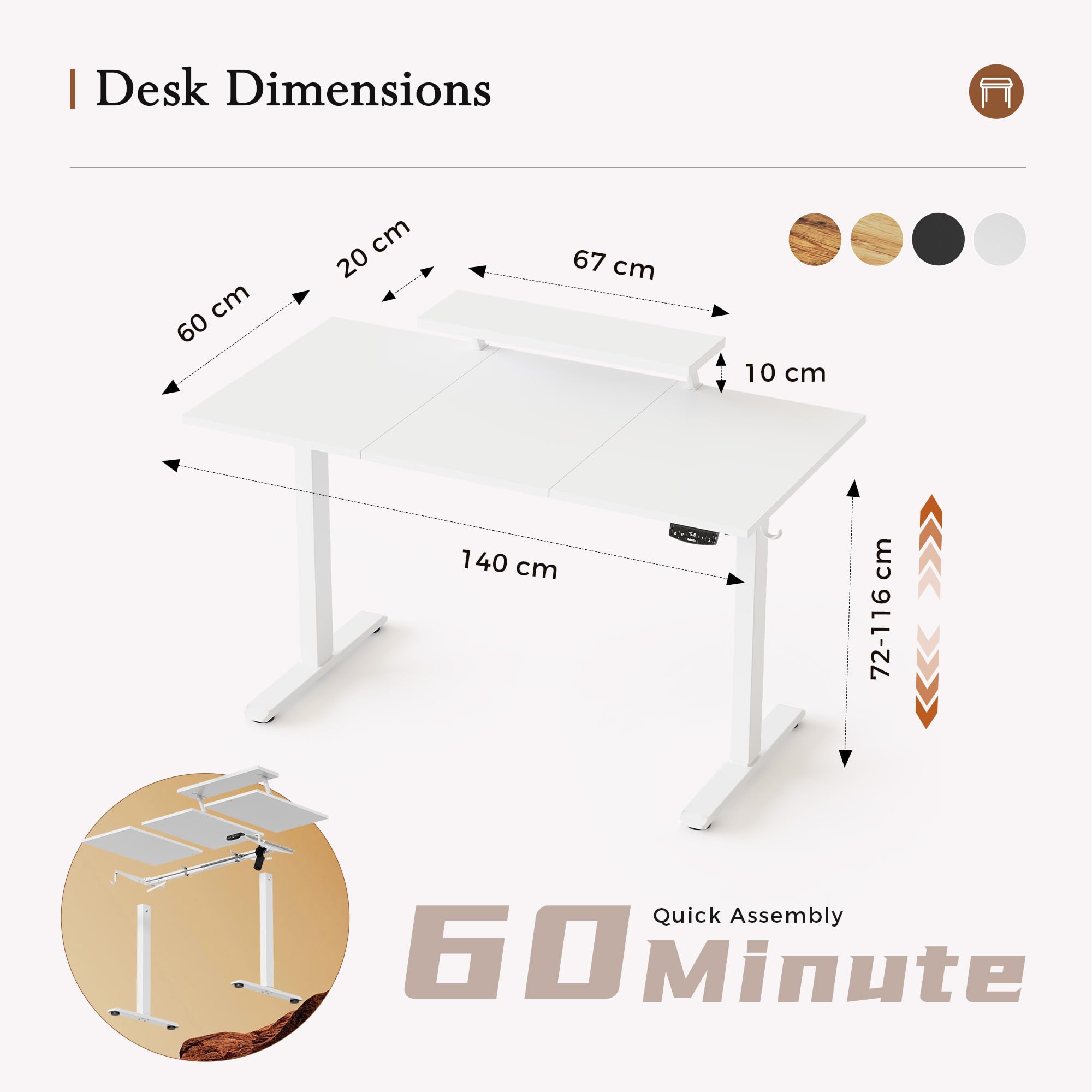 Klicelor Eletric Height Adjustable Desk, Movable Monitorstand, 140x60cm