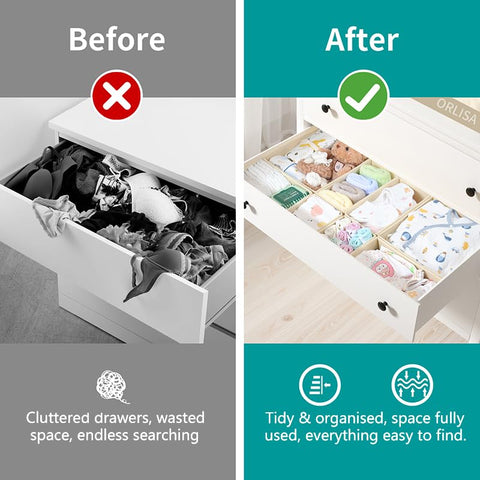 ORLISA 8 Pack Drawer Organiser for IKEA Hemnes, Wardrobe Storage Organiser with PP Panels, Foldable Fabric Drawer Dividers for Clothes, Underwear