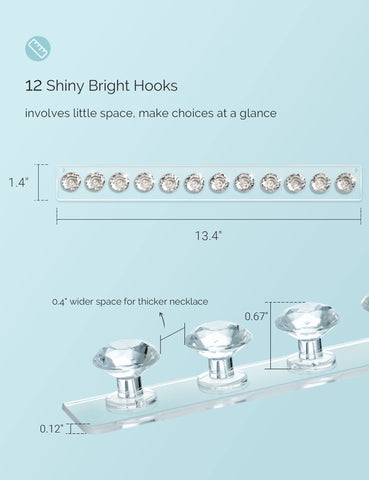 Mymazn Acrylic Necklace Holder Set of 4, Wall Mounted Jewelry Organizer Hanging with 12 Diamond Shape Hooks, Clear Necklaces Hanger