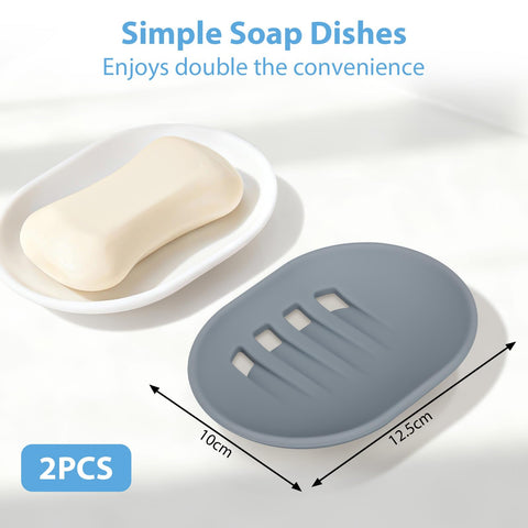 Silicone Soap Dishes, 2pcs Soap Dish with Drainage, Non‑Slip and Portable Soap Tray, Bar Soap Holder for Shower, Bathroom, Kitchen - Grey & White