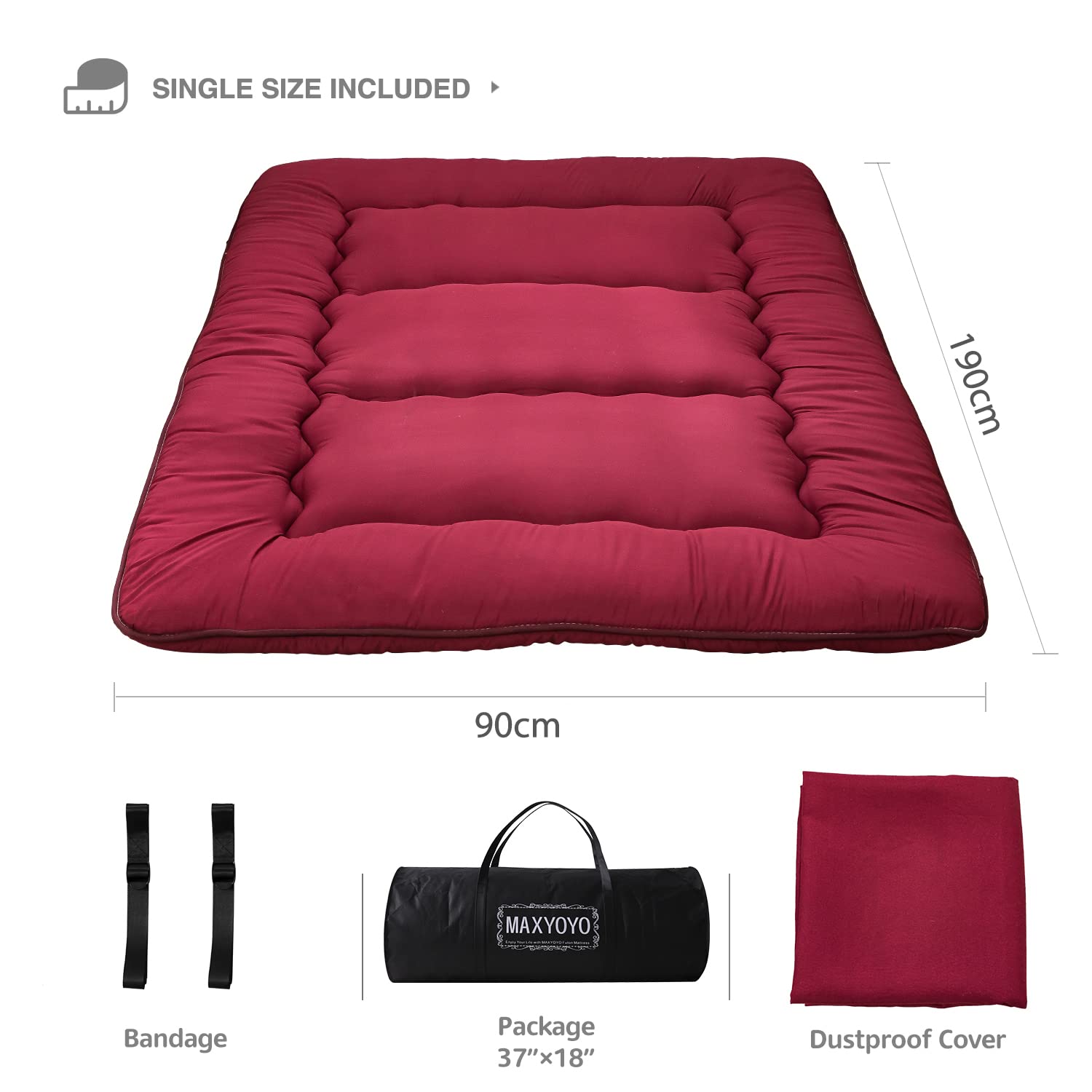 MAXYOYO Japanese Floor Futon Mattress, Thicken Tatami Sleeping Pad Foldable Roll Up Dormitory Mat Pad Floor Lounger Pillow Bed (Burgundy,Single)
