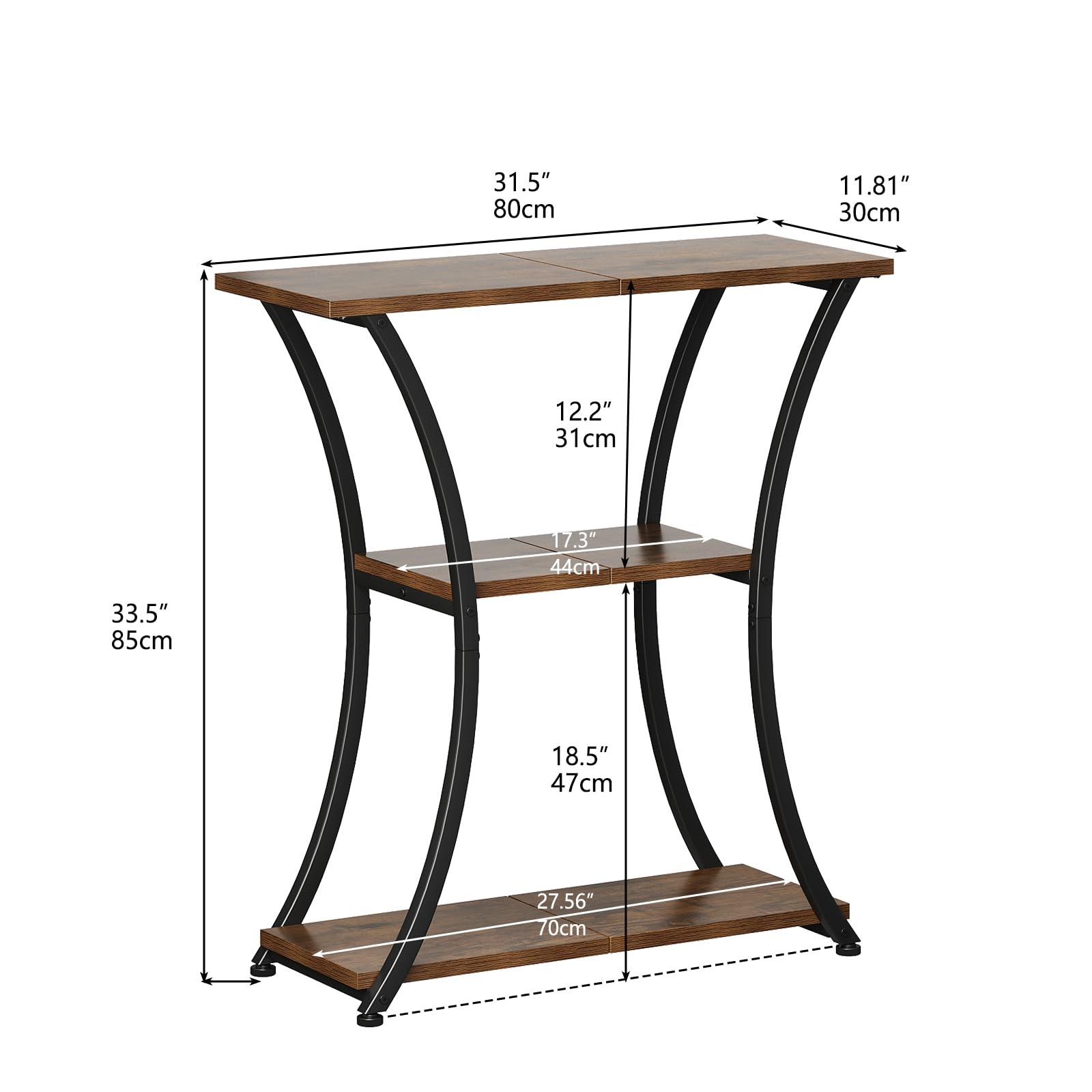 Trironsun Rustic Narrow Console Table with 3 Tiers, Slim Hallway Table with Curved Metal Frame and Open Shelves