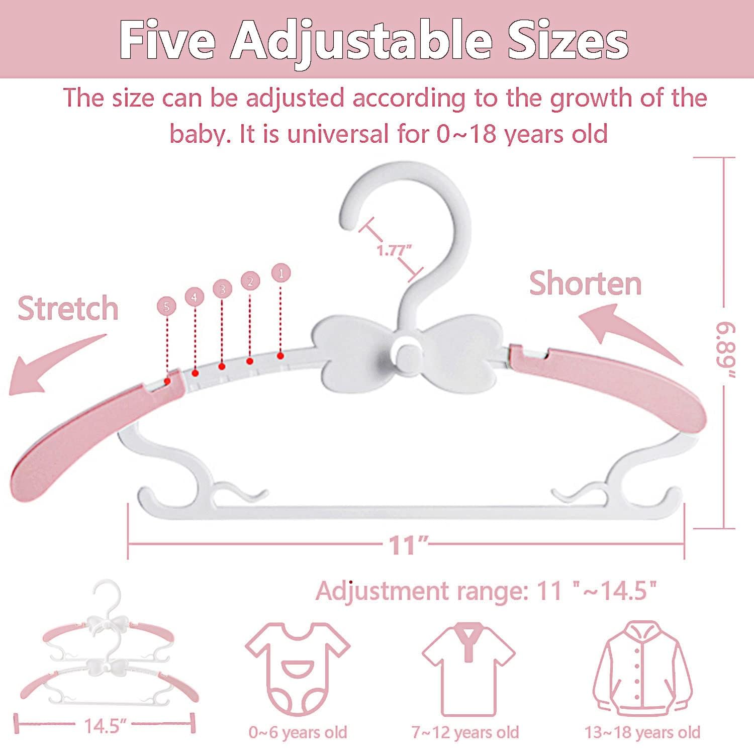 WJWSKI Children's Clothes Hangers, 29-37 cm, Growing Children's Hangers, Pack of 50, Stackable Baby Hangers with Trouser Stand, Space-Saving