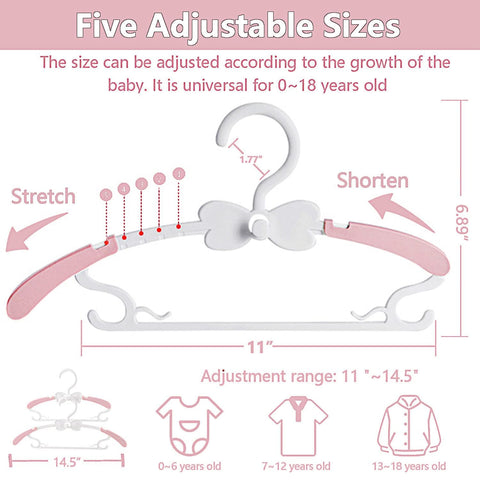 WJWSKI Children's Clothes Hangers, 29-37 cm, Growing Children's Hangers, Pack of 50, Stackable Baby Hangers with Trouser Stand, Space-Saving