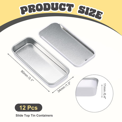 sourcing map 12Pcs Slide Top Tin Containers, Mini Metal Empty Tins Box with Sliding Lids, 3.1"x1.3"x0.4" Rectangular Storage Organizers for Lip Balm
