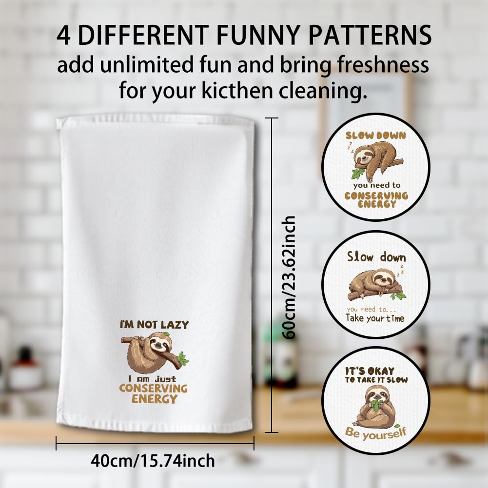 WADORN Microfibre Sloth Tea Towels Pack of 4, Funny Sloth Printed Dish Cloth Towels Absorbent Soft Sloth Hand Towels Dishcloths for Bathroom Dining