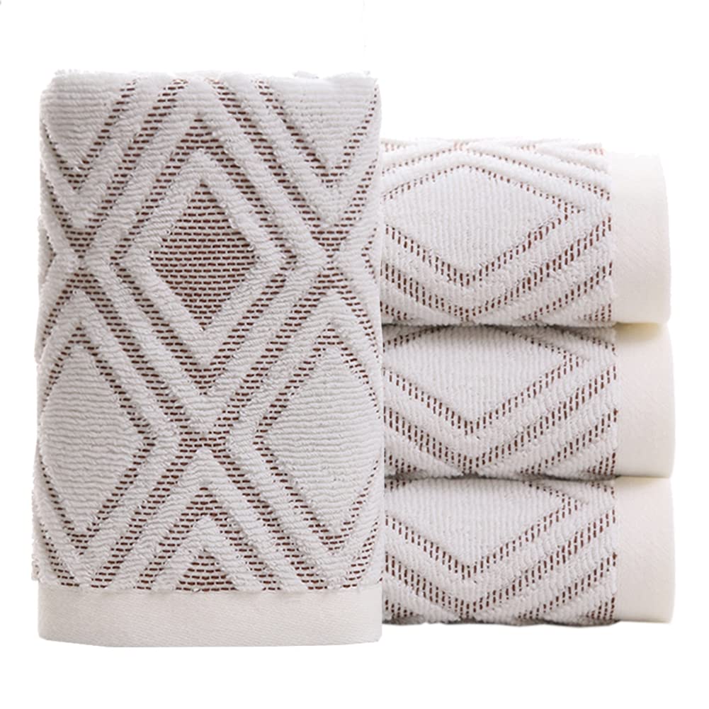 Pidada Hand Towels Set of 4 Diamond Pattern 100% Cotton Absorbent Soft Decorative Towel for Bathroom (Beige Brown)