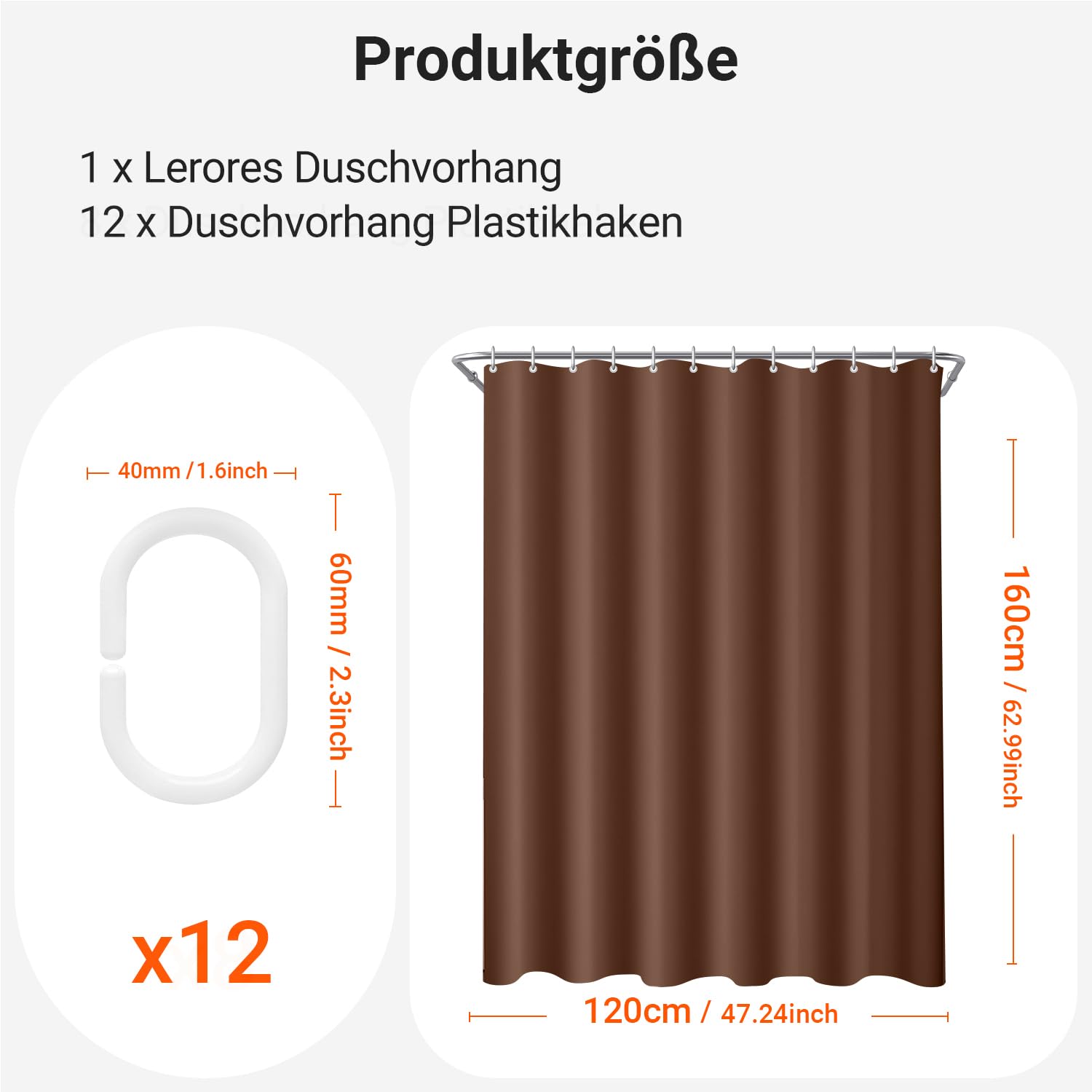 Lerores Shower Curtain, 120 x 160 cm, Brown, Weighted Hem, Anti-Mould Textile, Water-Repellent, Washable Polyester Fabric Bath Curtains for Bathroom
