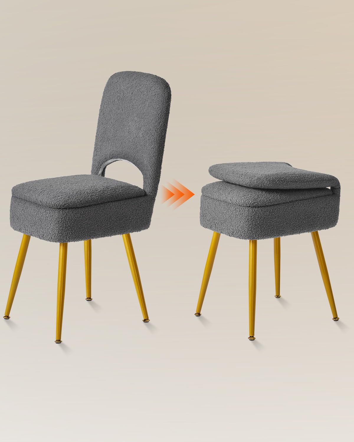 IBUYKE Storage Vanity Stool Chair with Folding Backrest, Gray WBD027G