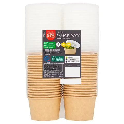 CaterPro 40 Kraft Sauce Pots with Plastic PP Lids 113ml