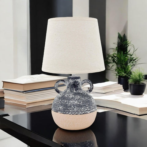 AcaciaHome Ceramic Table Lamp with Rustic Earthen Urn Base and 9" Drum Shade – Stylish and Durable Home Lighting Warm Cozy Ambiance for Bedroom, Living Room, Hallway, or Study (Table Lamp 38CM)