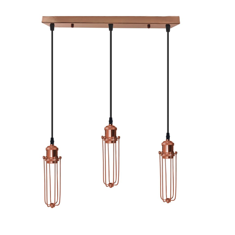 3 Head Rectangle Rose Gold Ceiling E27 Pendant Light with Wire Cage, Industrial Vintage Hanging Lamp Fixture