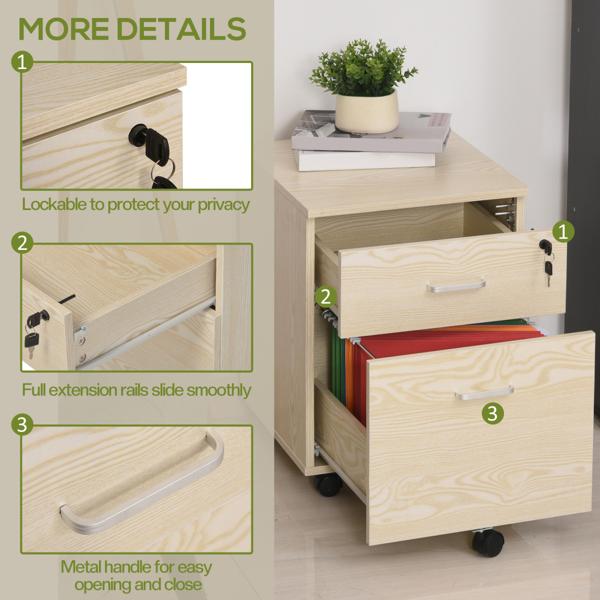 2-Drawer Locking Office Filing Cabinet 5 Wheels Rolling Storage Oak Vinsetto