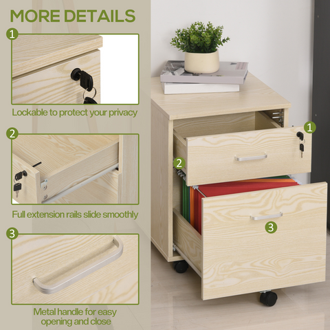 2-Drawer Locking Office Filing Cabinet 5 Wheels Rolling Storage Oak Vinsetto