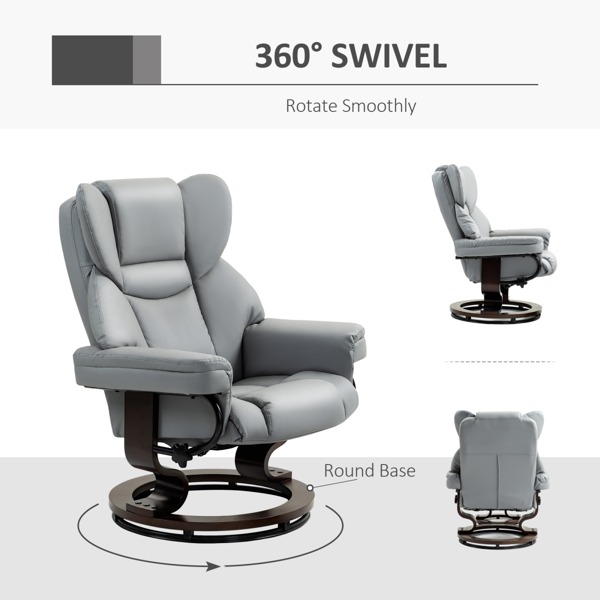 HOMCOM PU Leather Manual Reclining Armchair Footstool Padded Seat Light Grey