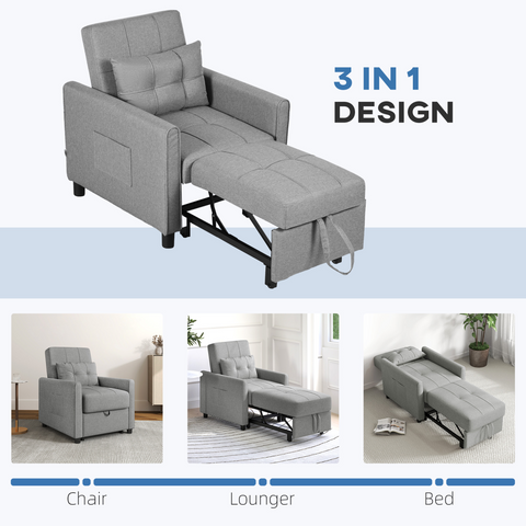 HOMCOM Pull Out Chair Bed, Sleeper Chair with Pillow, Side Pockets, Light Grey