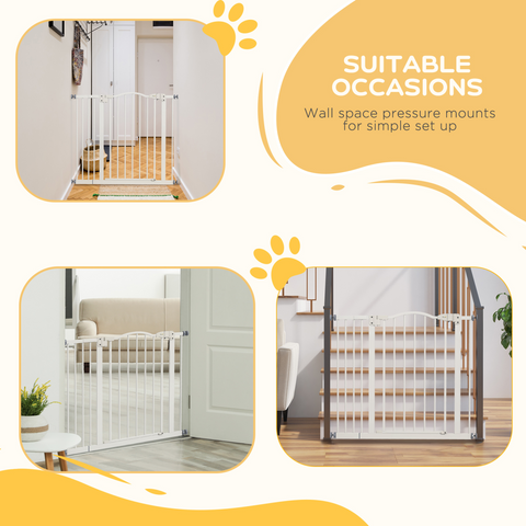 PawHut 74-94cm Adjustable Metal Pet Gate Safety Barrier w/ Auto-Close White