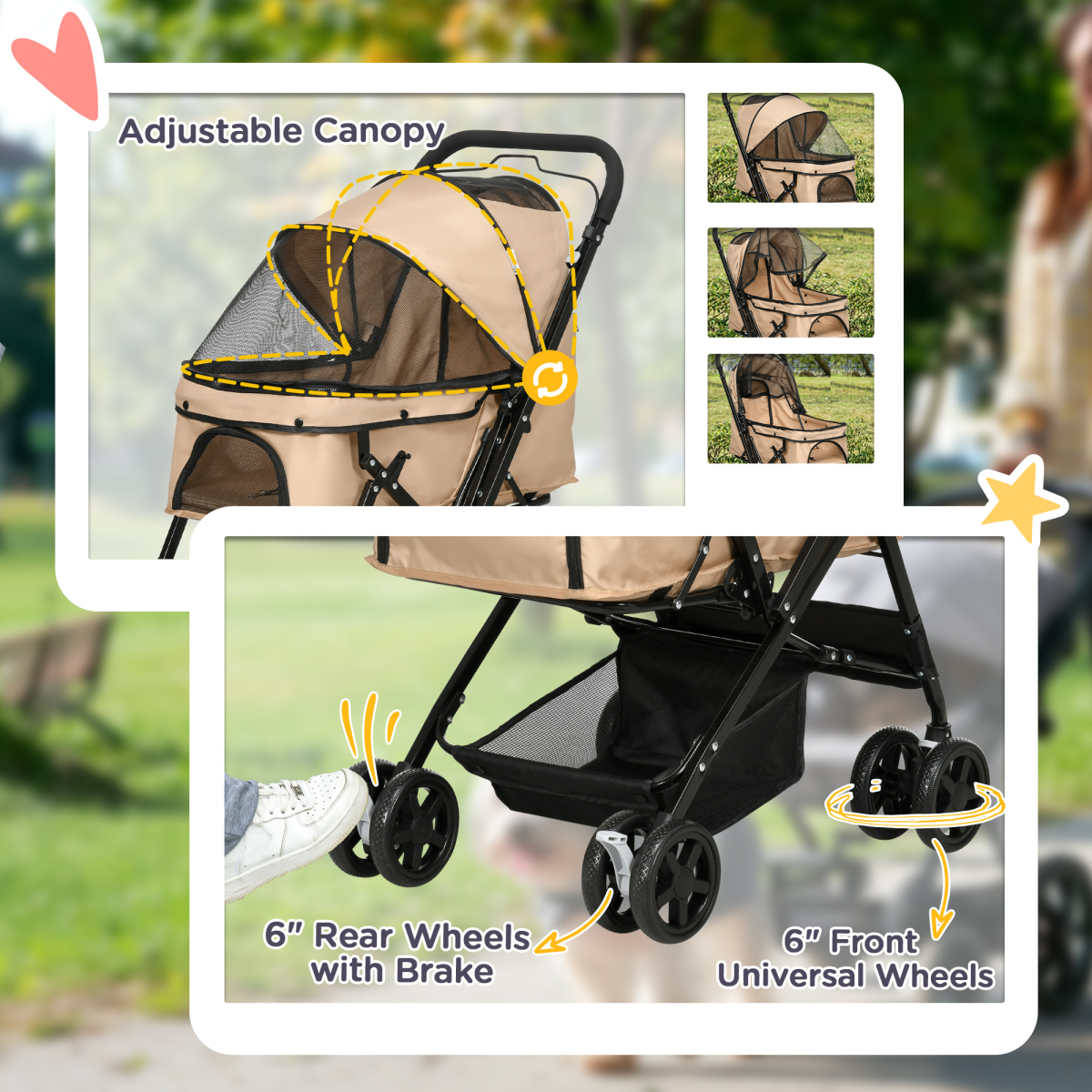 Pet Stroller Dog Foldable Travel Carriage with Reversible Handle, Brown