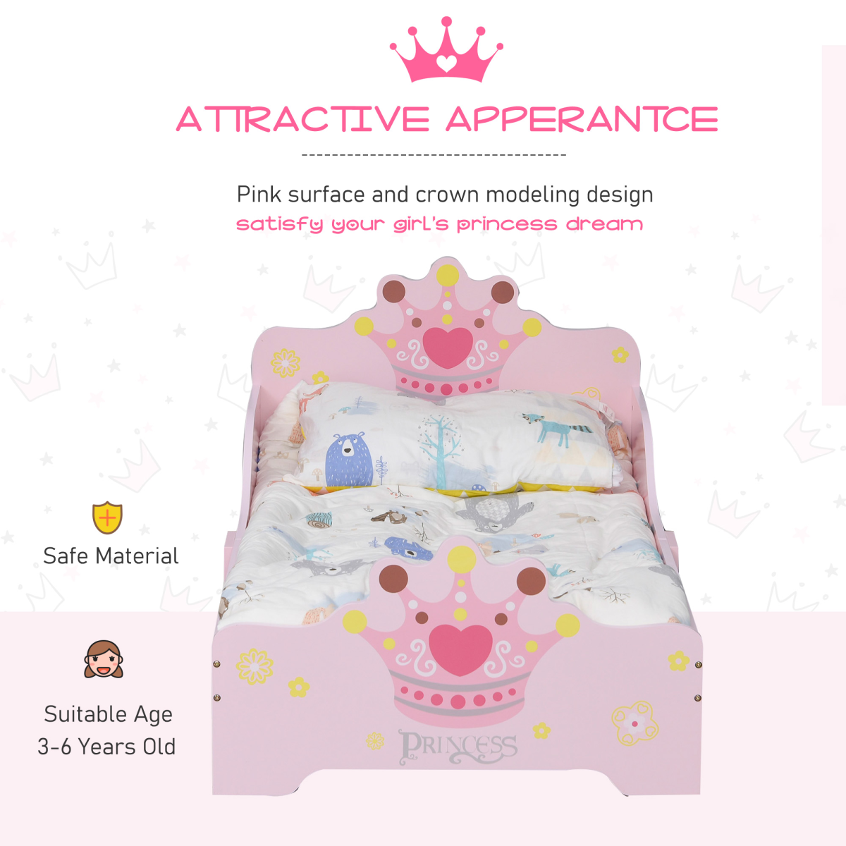 Kids Wooden Princess Crown & Flower Single Bed Safety Side Rails Slats