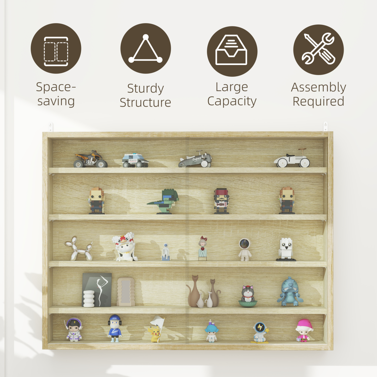 HOMCOM 5-Tier Wall Display Shelf Unit Cabinet w/ Shelves Glass Doors Oak