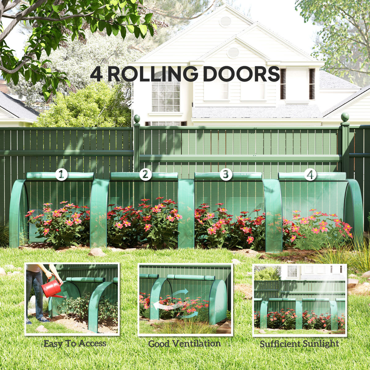 Outsunny Tunnel Greenhouse Steel Frame for Garden w/ Zipper Doors, Green