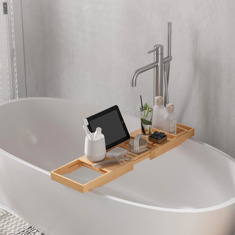 HOMCOM Extendable Bath Tub Bathroom Tray Bathtub Caddy Shelf Wine Holder Book