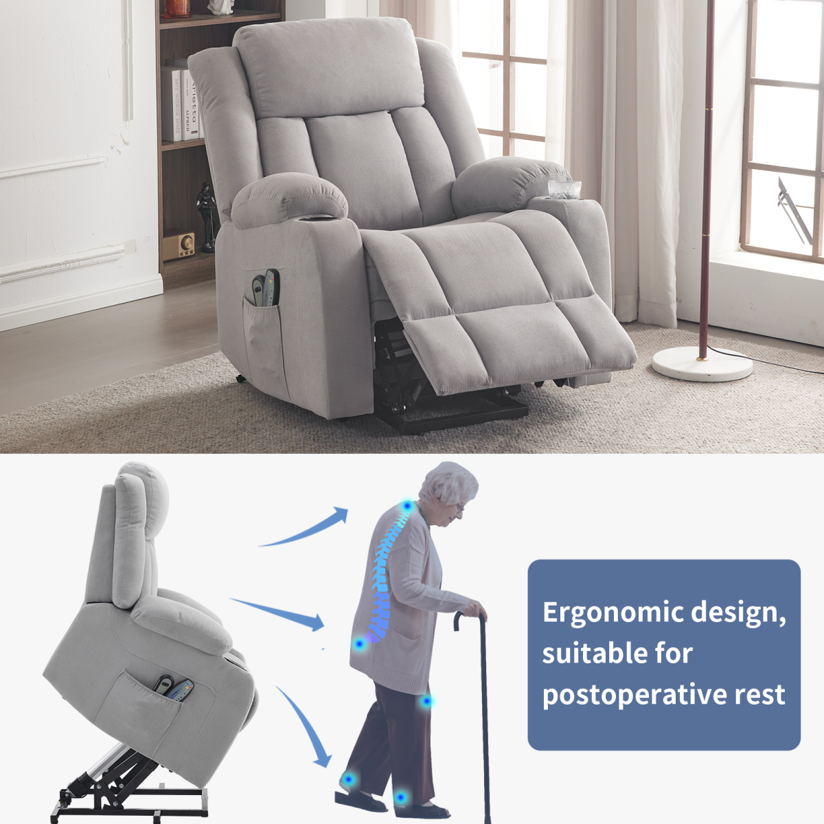1pcs grey fabric electric elderly chair with 8-point massage belt heating 120kg indoor functional chair, UK