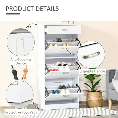 Shoe Cabinet 4 Drawers Storage with Flip Doors Shelves for 18 Pairs White