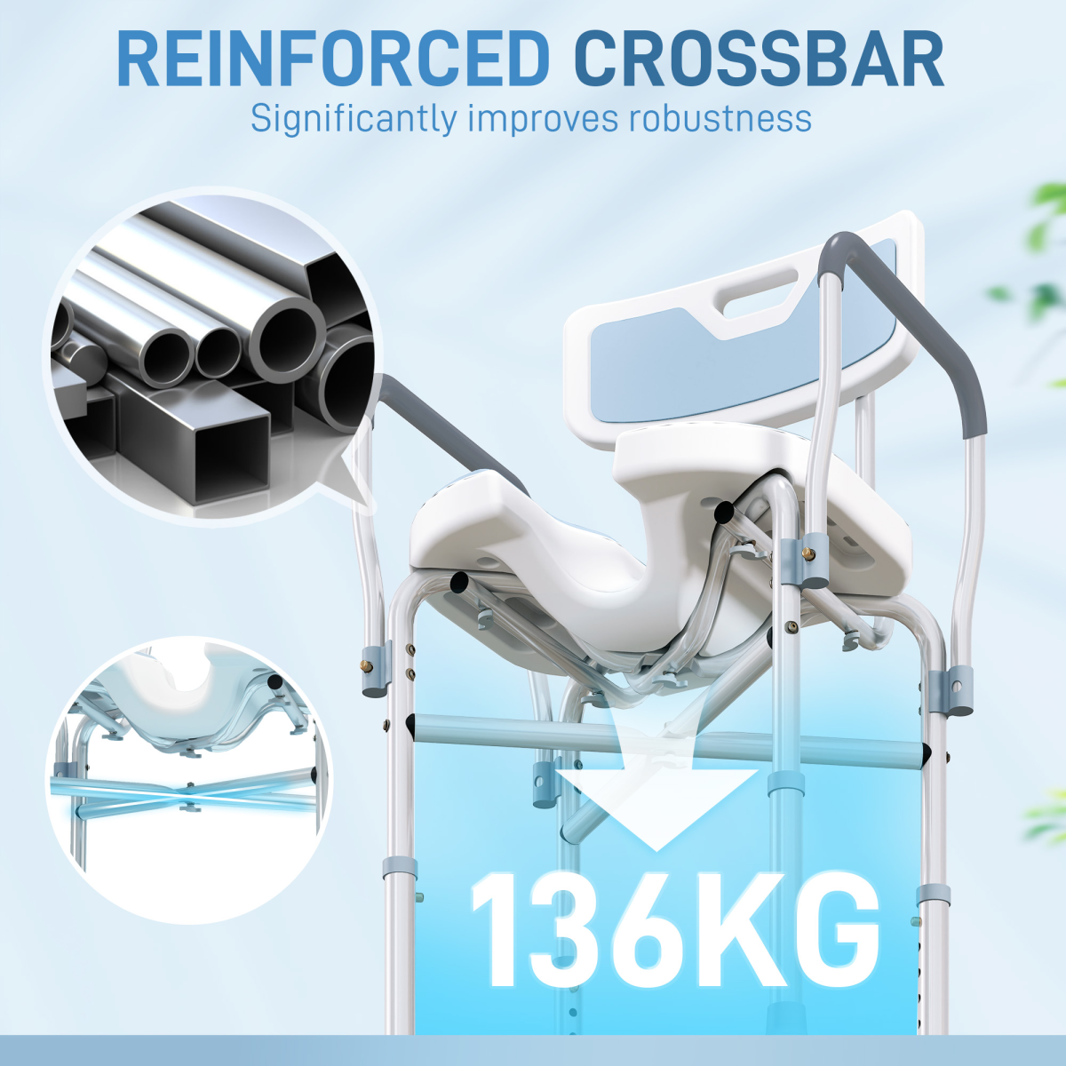 HOMCOM Padded Bath Chair with Slotted Seat and Adjustable Height, Light Blue
