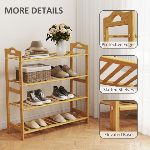 HOMCOM 4-Tier Shoe Rack, Bamboo Shoe Shelf Stand, Natural Wood Finish
