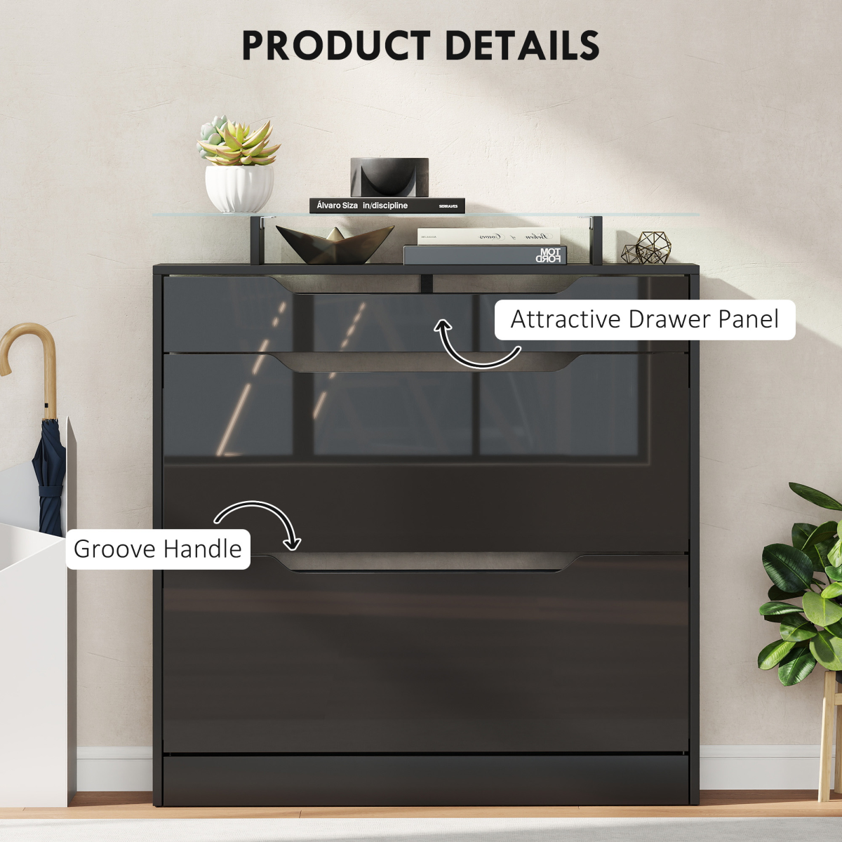 HOMCOM Shoe Cabinet with 3 Drawers, High Gloss Front Panels, Glass Top Black