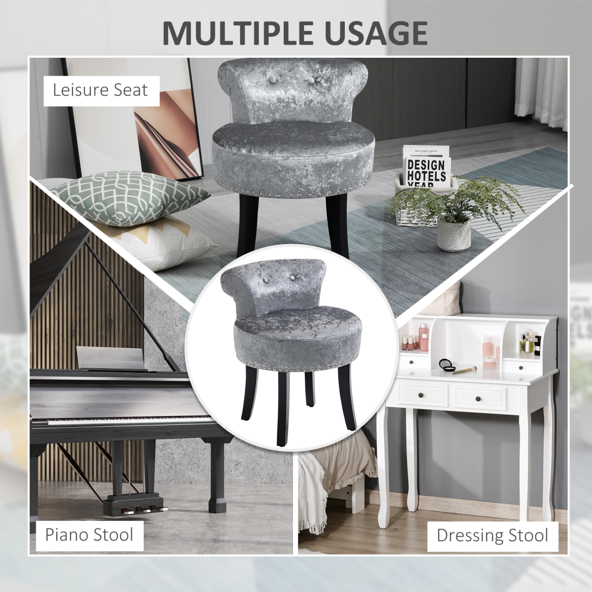 Dressing Table Stool Vanity Seat w/ Rubber Wood Legs Bedroom - Grey