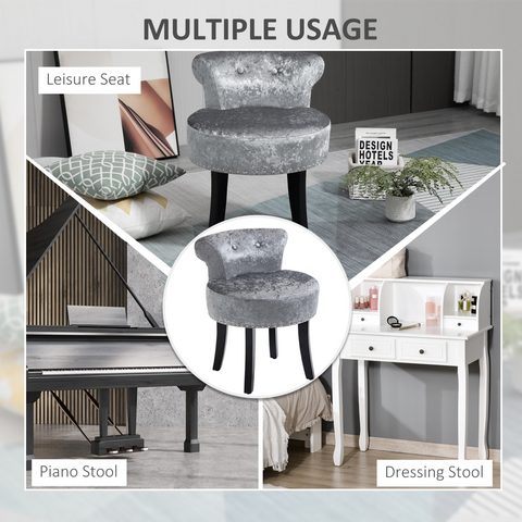 Dressing Table Stool Vanity Seat w/ Rubber Wood Legs Bedroom - Grey