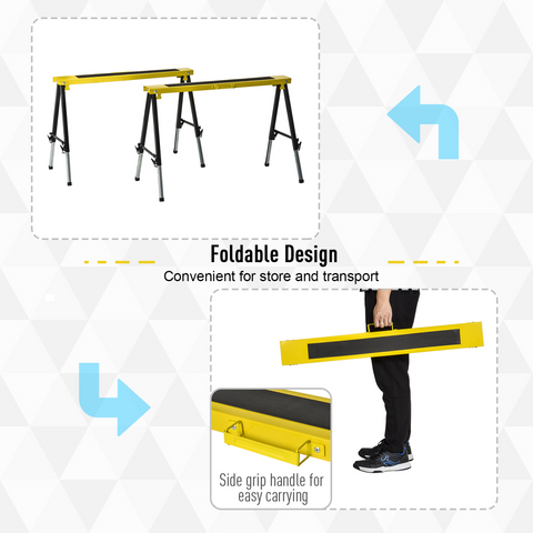 Set of 2 Folding Saw Horses Steel Frame  Anti-Slip Platform Handle DIY Durhand