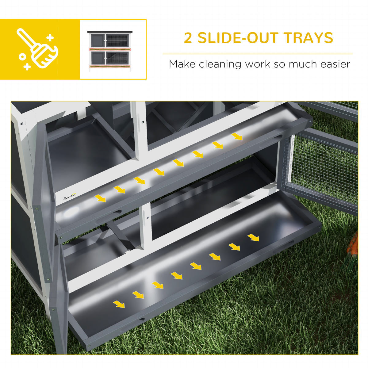 PawHut Double Decker Rabbit Hutch Bunny Cage Pet House Outdoor with Tray, Grey