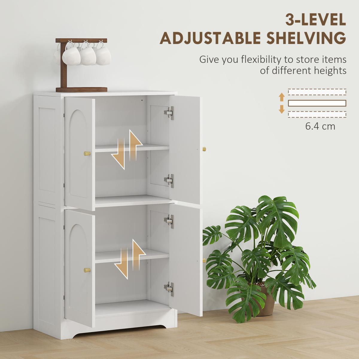 HOMCOM 110cm Kitchen Cupboard with 4 Arched Doors and 2 Adjustable Shelves