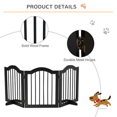 3 Panels Dog Gate w/ Support Feet Fence Safety Barrier Freestanding Wood Black