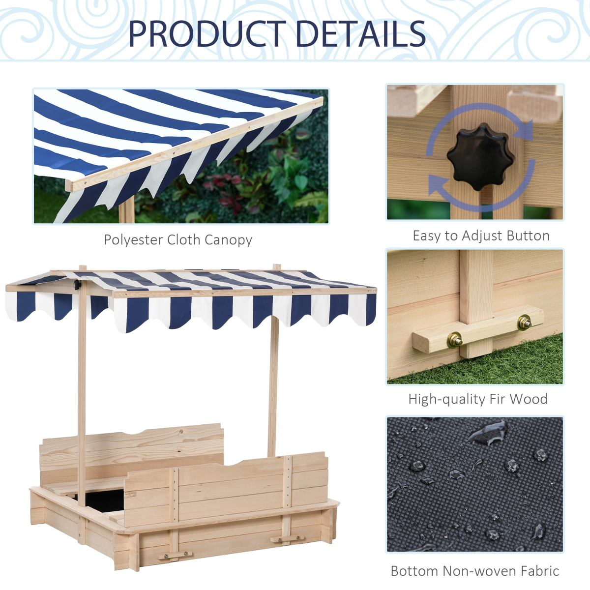 Kids Square Wooden Sandpit Children Cabana Sandbox Outdoor Playset
