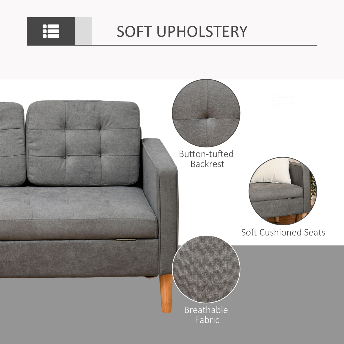 3-Seater Sofa Button-Tufted Fabric Couch with Hidden Storage, Rubberwood Legs