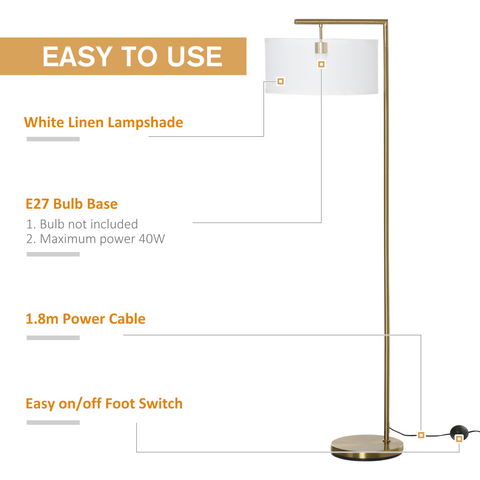 Floor Lamp with Linen Lampshade Round Base for Living Room Bedroom HOMCOM