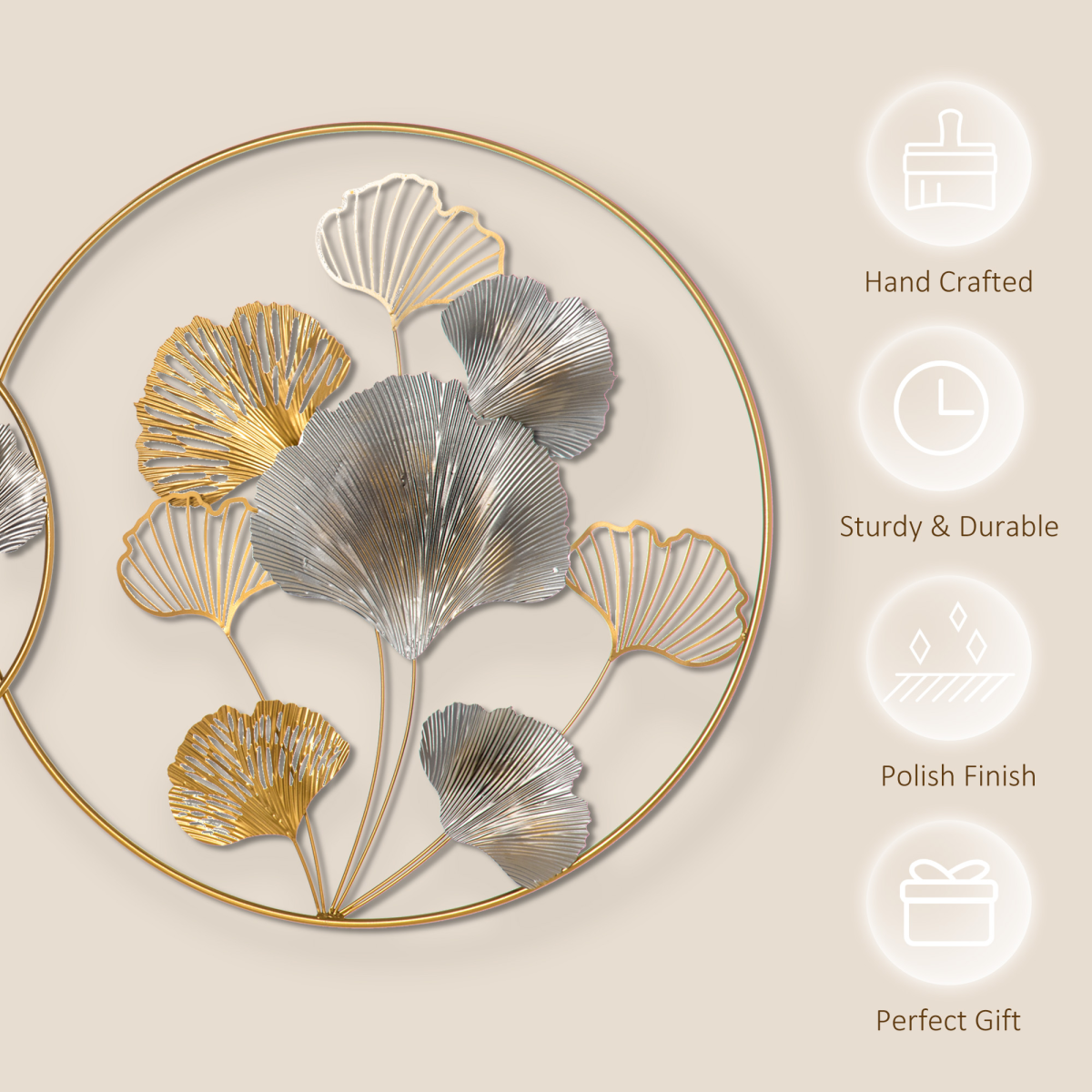 Minimalist Metal Wall Art Ginkgo Leaves Hanging Wall Sculpture, Gold