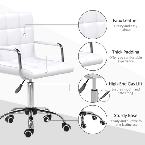 Mid Back PU Leather Home Office Chair Swivel Desk Chair with Arm, Wheel, White