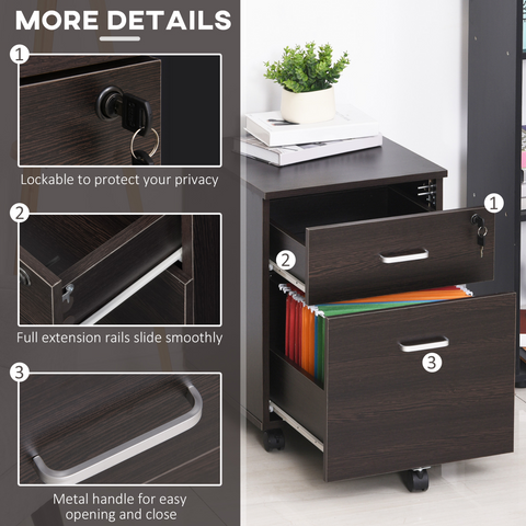2-Drawer Locking Office Filing Cabinet 5 Wheels Rolling Storage Brown Vinsetto