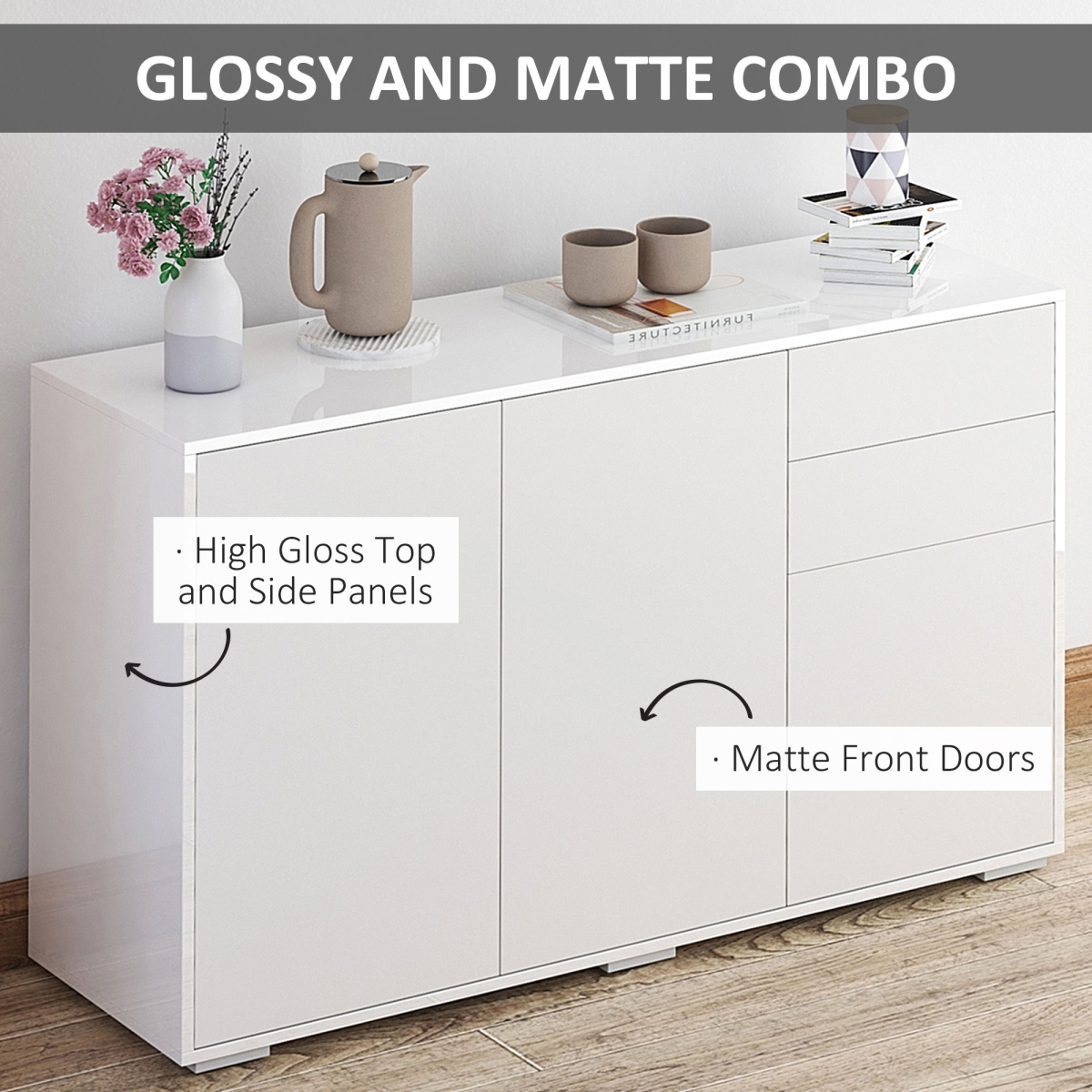 HOMCOM Side Cabinet with 2 Door Cabinet and 2 Drawer for Home Office White