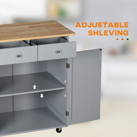Rolling Kitchen Cart with Rubber Wood Top, Towel Rack, Hooks and Drawers Grey