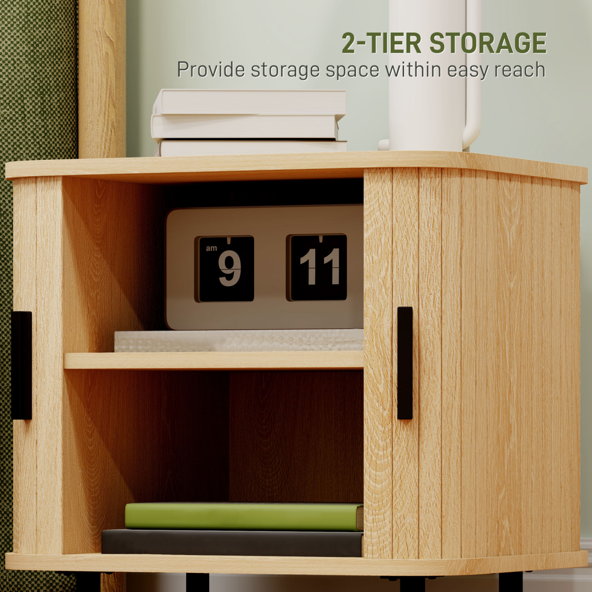 HOMCOM Nightstand with Sliding Doors and Metal Legs for Bedroom Oak Tone